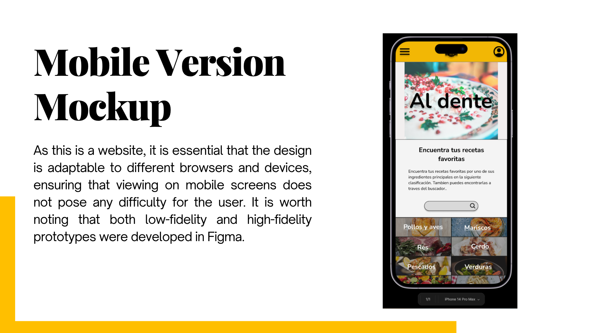Web mockups of the Al Dente website showing the homepage, recipes page, meal planner page, and cooking tips page.